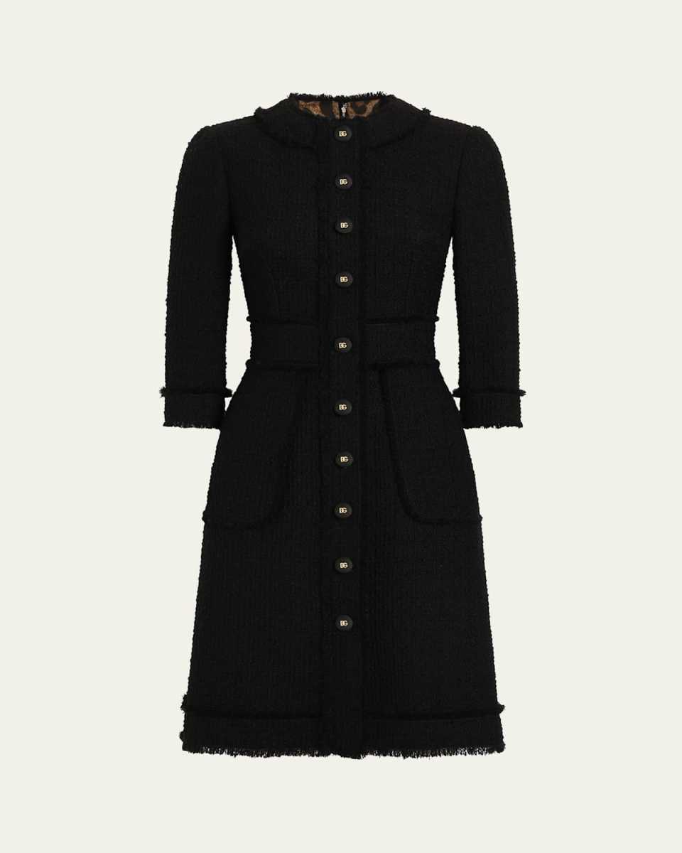 Button-Front 3/4-Sleeve Tweed Dress